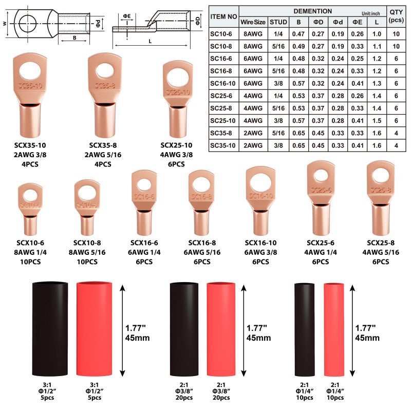Tivorex Battery Cable Lug Crimping Tool for AWG 8-1/0 Electrical Lug  with Cable Cutter 64pcs Ring Terminals and 70pcs Heat Shrink Tubing - Image 4